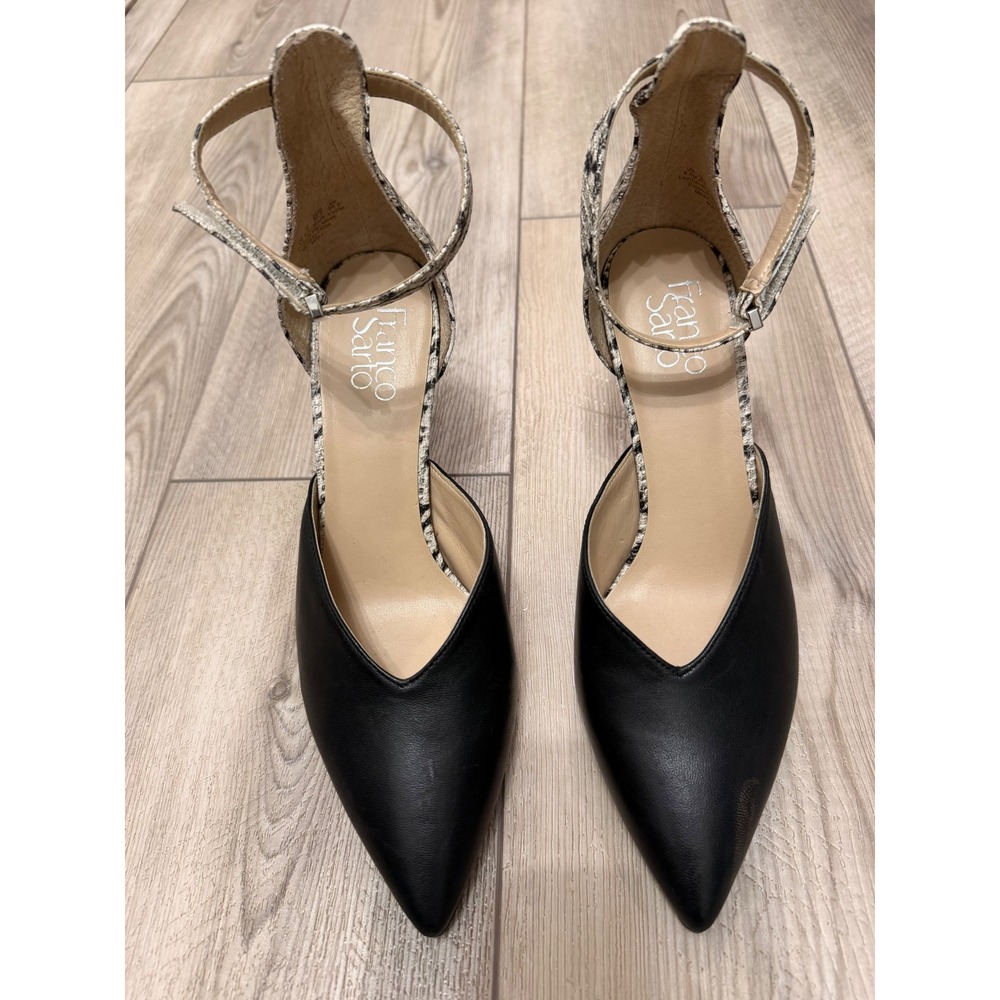 Franco Sarto Mali Black Leather‎ Snakeskin Ankle Strap Pointed Toe Pumps Preppy